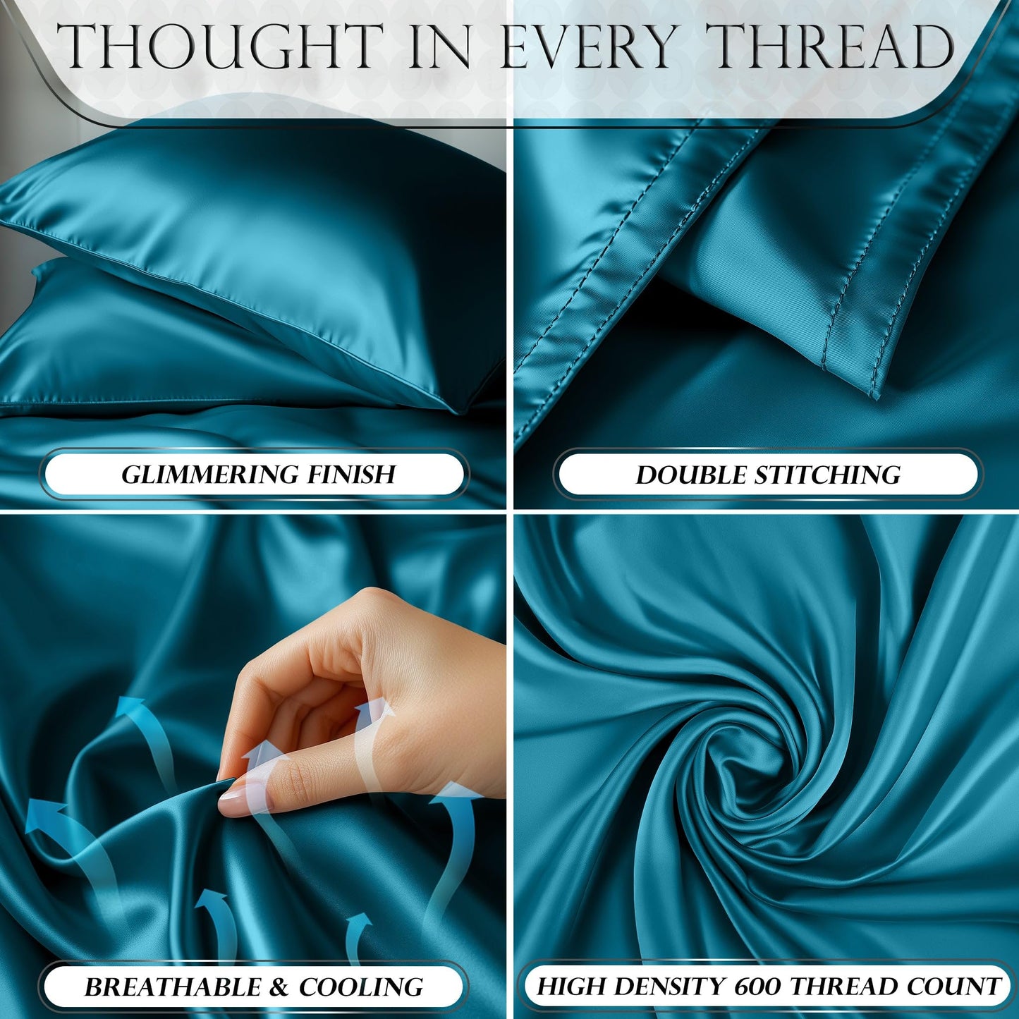 DECOLURE Satin Bed Sheets - 4 Piece Luxury Silky Queen Size Bedding Set - Softer Than Silk, Wrinkle-Free with 15” Deep Pocket Fitted Sheet, Perfect for Hair & Skin, Gifts for Women (Sea Teal)
