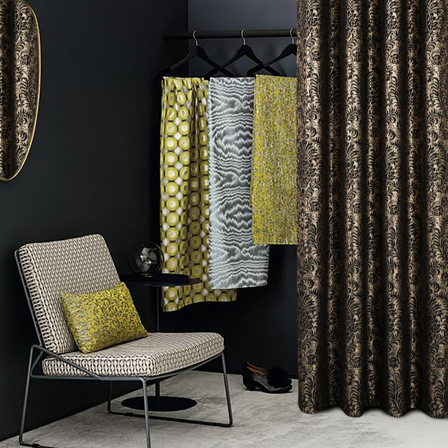 always4u 100% Blackout Damask Foil Print Black and Gold Ridged Velvet Curtains 108 Inches Long Drapes 2 Panels Shiny Metallic Window 54 * 108 Inches