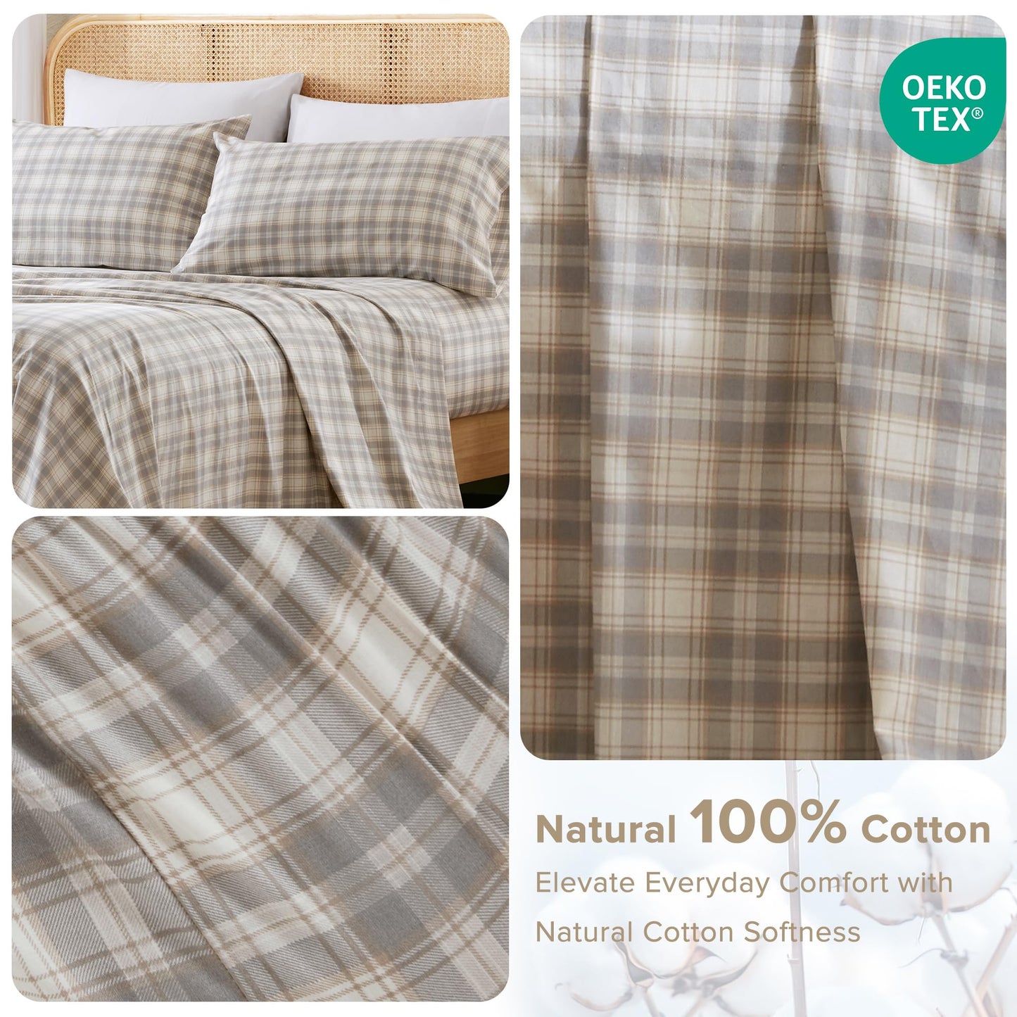 Comfort Spaces 100% Cotton Sheets Cal King, Breathable, Naturally Cool Cotton Sheets, Cotton Bed Sheets with 14" Elastic Pocket Fits up to 16" Mattress, All Seasons Sheet Set, Wesley Taupe 4 Piece
