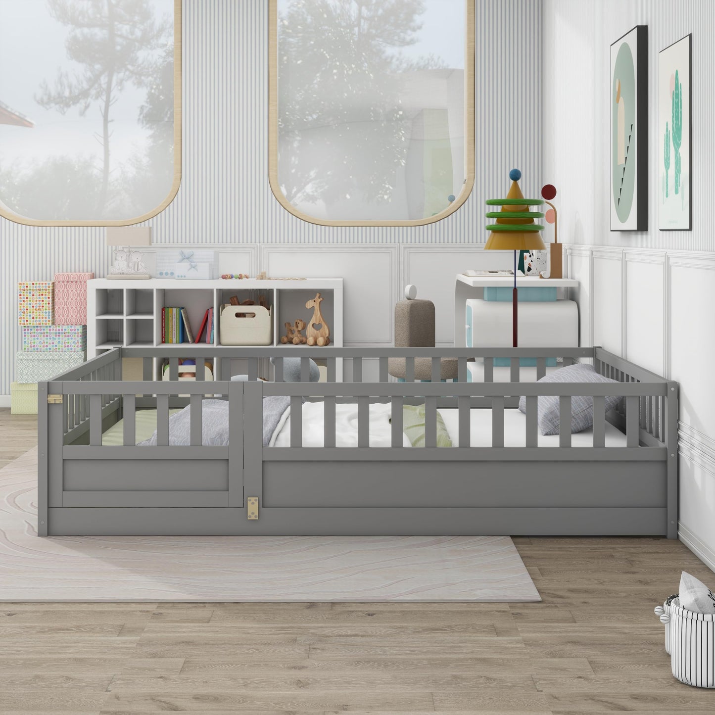 KEIKI Full Kids Floor Bed, Montessori Kids Floor Bedframe with Fence & Door, Children's Wood Bed for Living Room, Gray