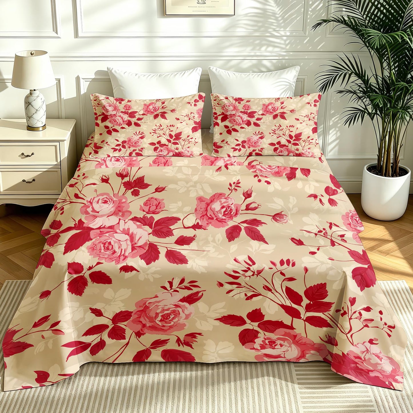 Red Rose California King Sheet Set 4 Pcs Vintage Floral Bed Sheets