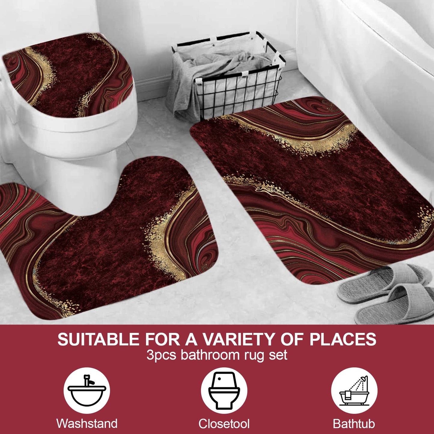 beifivcl 4Pcs Luxury Marble Shower Curtain Sets, Bathroom Sets with Shower Curtain, Toilet Lid Rug, Contour Mat and Bath Mat, Shower Curtain with 12 Hooks for Bathroom Set Decor (72 x 72 Inch), Red