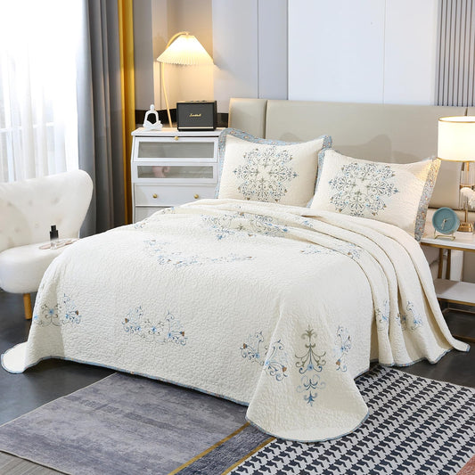 Quilt Set Floral Leaves 3D Embroidery Pattern 3 PCS Cotton Reversible Quilted Embroidered Decorative Bedspreads Coverlet Set, Lightweight &Soft Queen Size Beige Bedding Coverlet for All Season