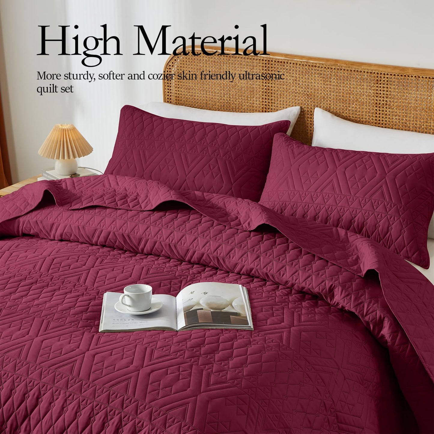 akkialla Full/Queen Quilt Set, Burgundy Lightweight Microfiber Bedspread Coverlet, Boho Geometric Pattern, Soft All-Season Bedding, 3-Piece (1 Quilt, 2 Pillow Shams)