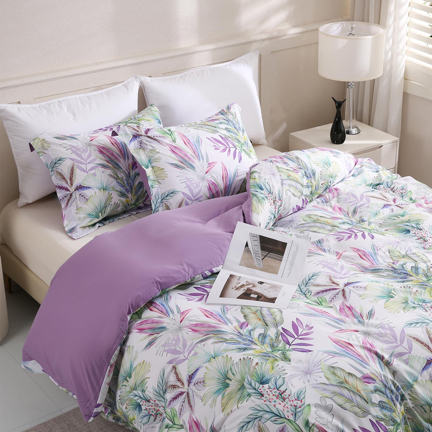 LONAVA Queen Botaincal 3 Pcs Duvet Cover Set, Breathable Soft Microfiber Lavender Lining Comforter Cover with Zipper Closure, and 2 Anti-Pilling, Fade Resistant Pillowcases, Tropical