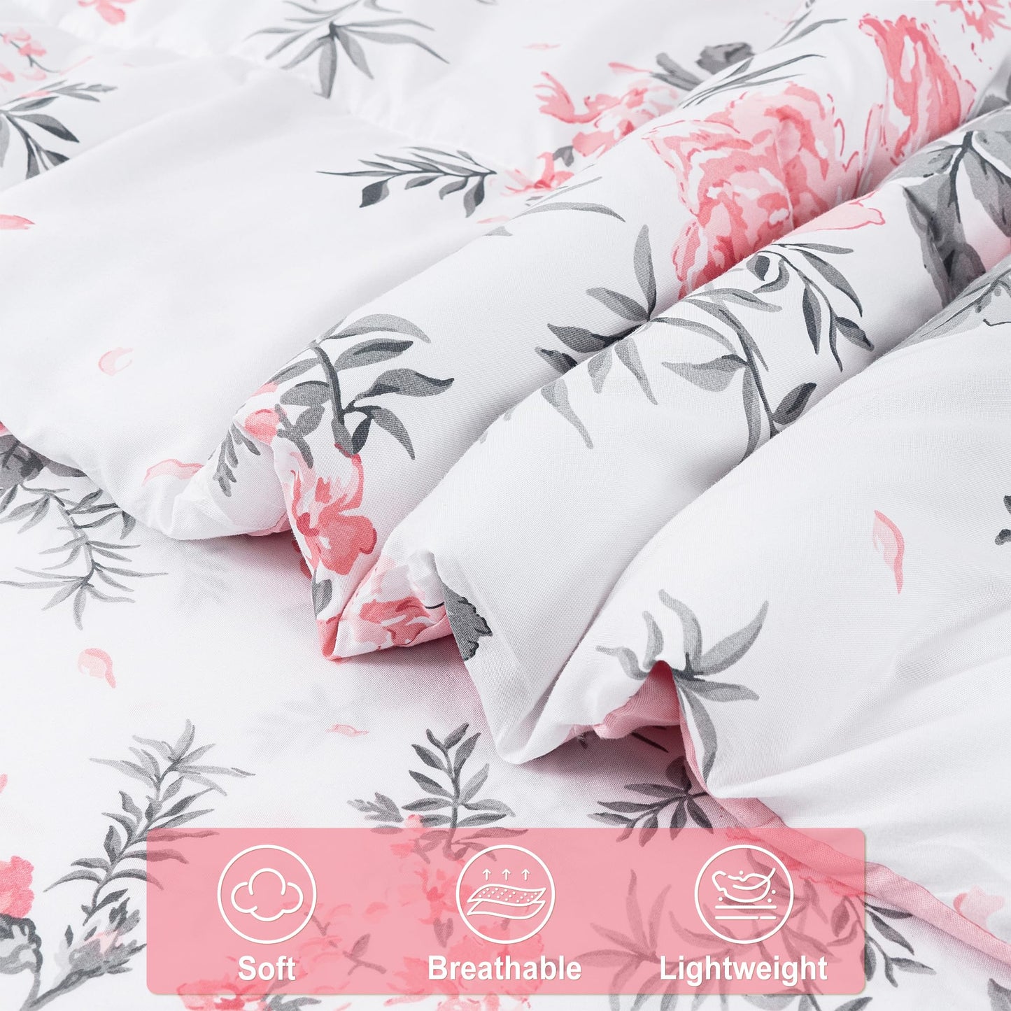 lasoftan Floral King Comforter Set with Sheets, 7 piece Luxury Vintage Bedding, Soft Microfiber Bed in a Bag, Cozy Lightweight Bed Set, Pink Flower Grey Leaf