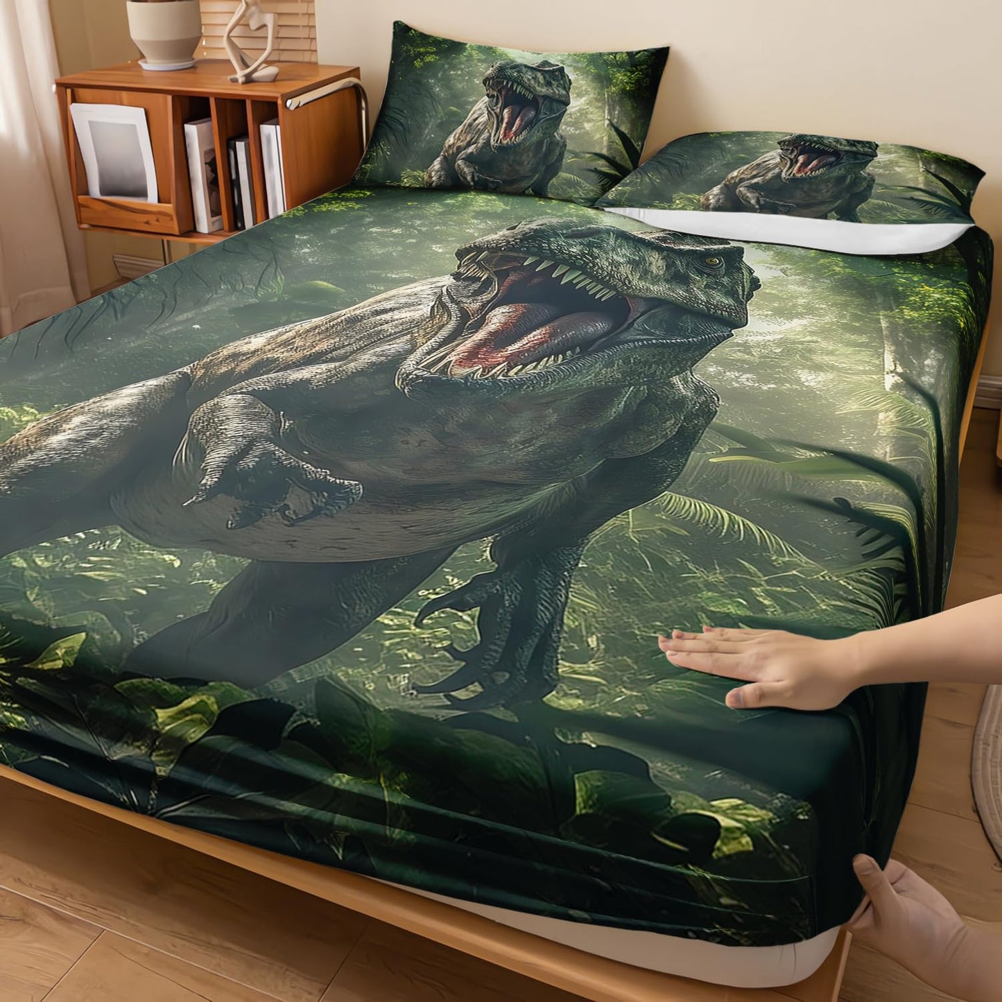 AILONEN 3D Realistic Dinosaur Fitted Sheet Set Twin XL Size, Tropical Wildlife Bedding Set for Boys Teens Kids,Ancient Dino Animal Bedsheets Set,3-Pieces,1 Sheet Set + 2 Pillowcases,Soft,Breathable