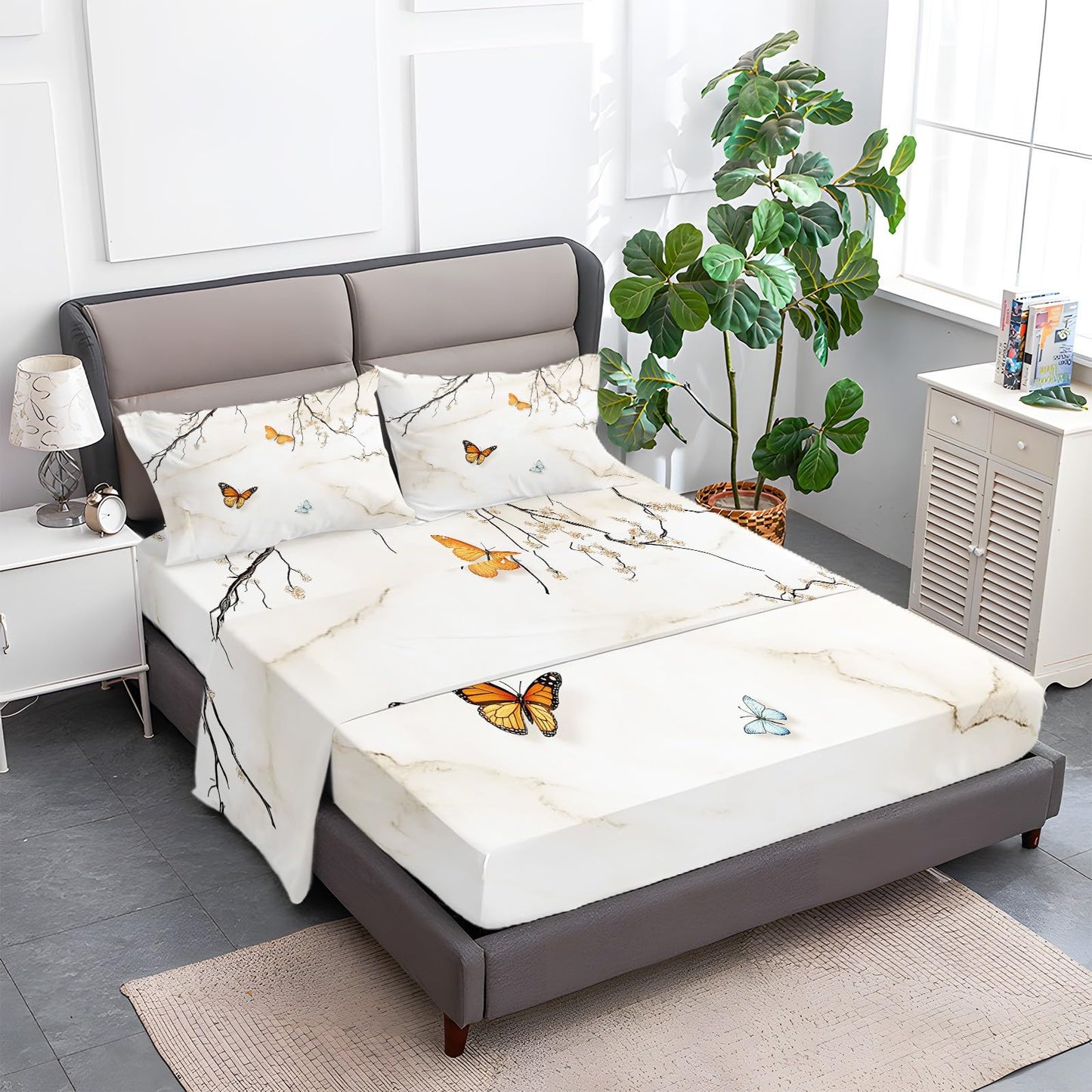 Bhoyctn Chinese Style Printed 4-Piece Extra Soft King Bedding Sheets & Pillowcase Set, Deep Pocket up to 16 in Mattress, Chinese Style Painting Butterflies Bed Sheet Set for Women, Menfor