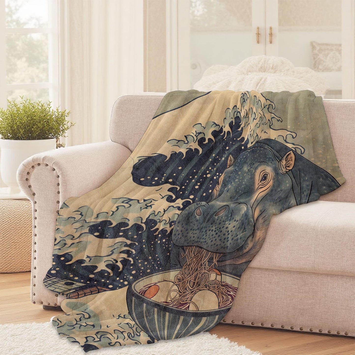 Hippo Eating Ramen Throw Blanket for Girls Boys Kids Adults, 50x60 in, Cozy Flannel Blanket for Bedroom, Camping, Couch, Room Decor, Fuzzy Warm Soft Gifts