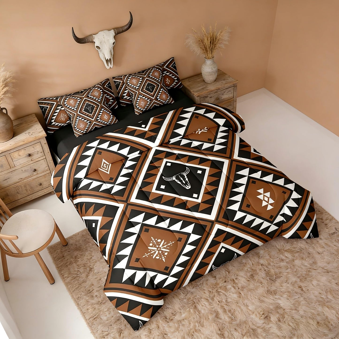 Erosebridal Rustic Western 7 Pcs Comforter Set King for Men,Southwestern Aztec Bedding Bohemian Quilt Ethnic Horns Bull Skull Farmhouse Bedroom Decor Brown Geometric Diamond Sheet Set Bed in A Bag