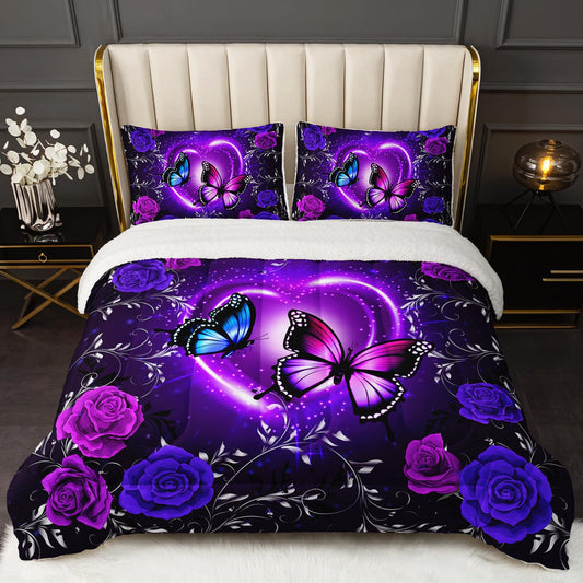 QOOMO Blue Butterfly Soft Sherpa Comforter，Blue Flower Plush Warm Fall Winter Bedding Sets for Girls Boys，Star Sky Ultra-Soft Sherpa King Comforter Set with 2 Pillow Shams，3 Piece Set