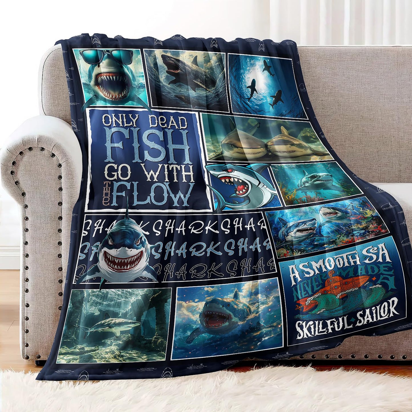 XSMEI Shark Throw Blanket, Ocean Marine Life Design, Soft Cozy Fleece Blanket for Couch Bed, 60 x 80 Inches