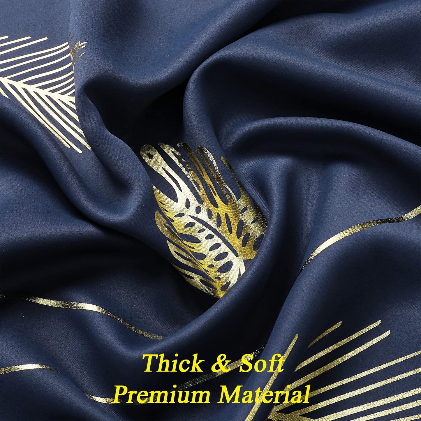 Estelar Textiler Navy Blue Blackout Curtains for Living Room 84 Inch Length 2 Panels Set, Gold Palm Leaves Printed Window Drapes, Energy Saving Curtains for Bedroom, 52Wx84L