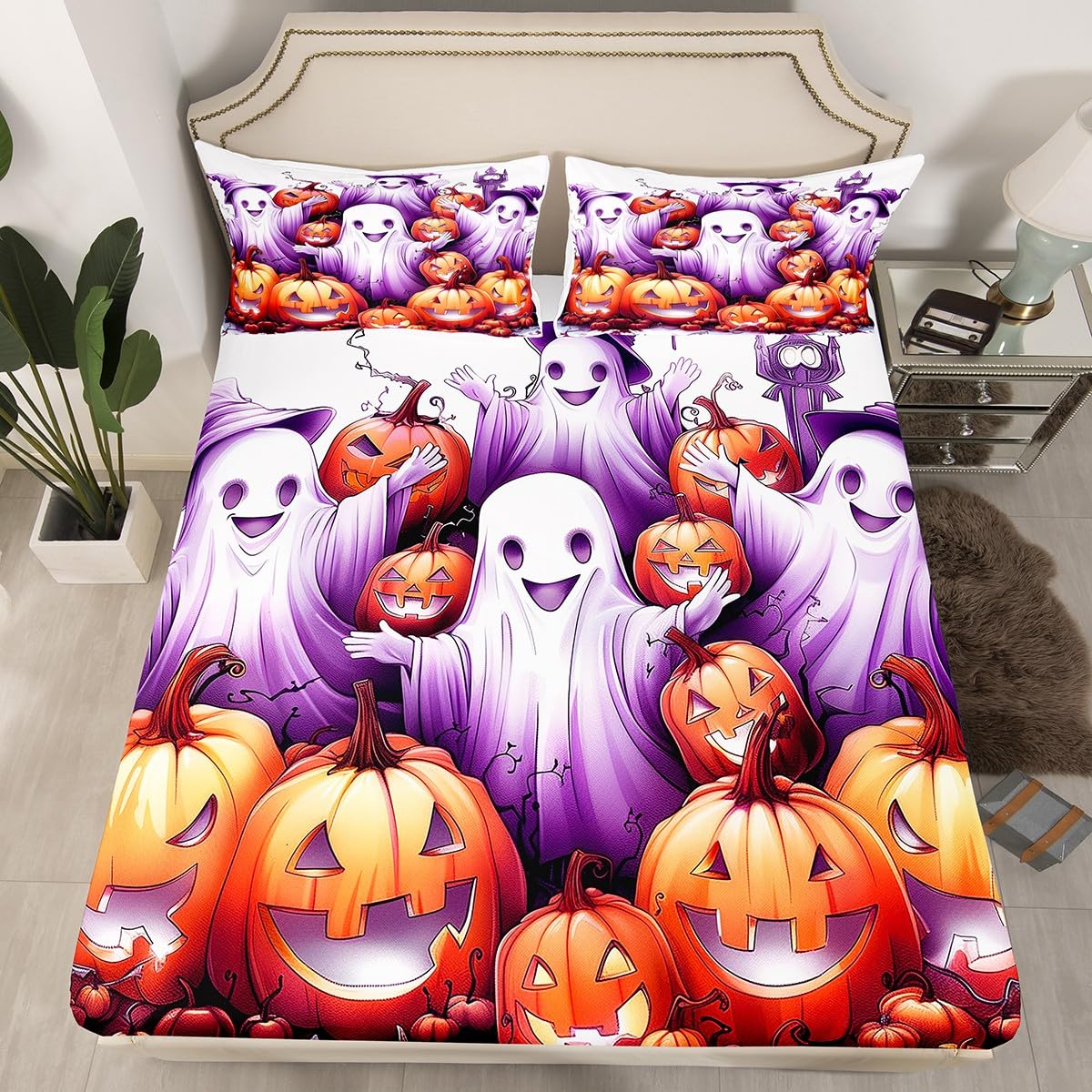 Kids Halloween Theme Fitted Sheet Queen Size,3D Ghost Pumpink Halloween Bedroom Decor Bedding All-Round Elastic Pocket,Gothic Tie Dyed Skull Bed Sheet 3 Pieces Fits Mattress