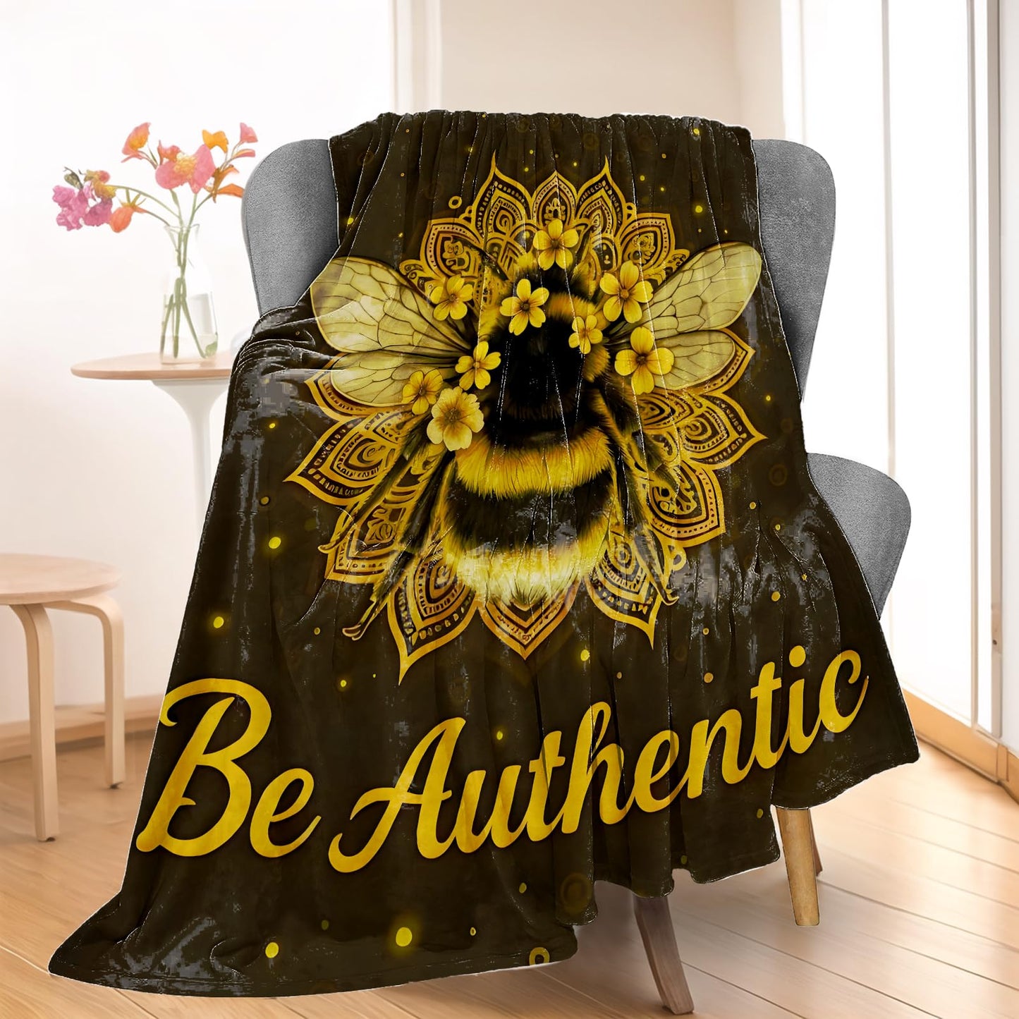 Wanoryer Be Authentic Bee Blanket, Comfy & Warm Flannel Mandala Floral Bumblebee Throw Blanket for Couch, Gifts for Women Adults Kids, Soft Fuzzy Lightweight Travel Bed Blankets for Decor 50"×60"