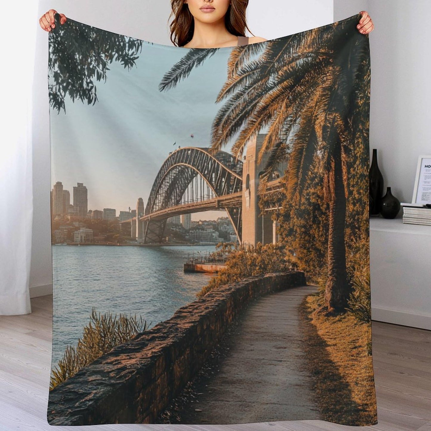 HDESDIS Modern City Bridge Throw Blanket, Soft Cozy Warm Sunset Harbour Skyline View Flannel Blankets for Sofa Couch Bed, 30x40 Inch