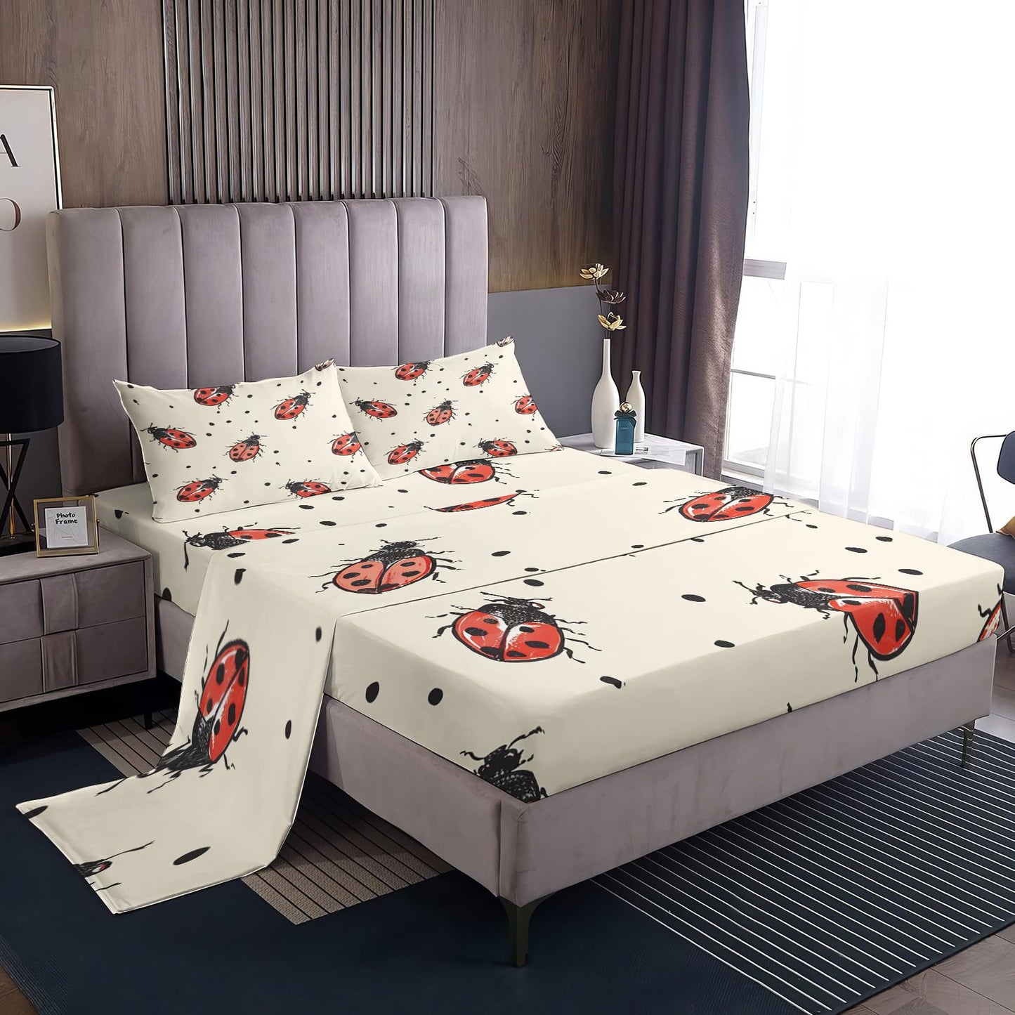 Rejkxyw King Size Sheets Set Ladybug - Insect Bed Sheets - Ladybugs Sheet Set - 12 Inch Deep Pocket - Ultra Soft Winkle Free Microfiber Bedding Sheets & Pillowcases 4 Piece