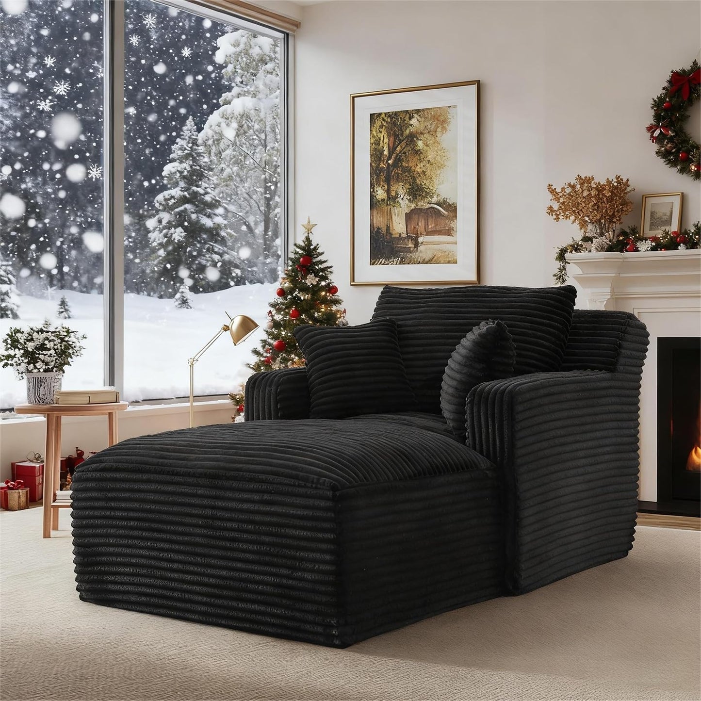 VEPXXP 65.4" Chaise Lounge Chair Indoor, Oversized Boneless Couch Comfy Upholstered Sleeper Sofa Bed with 3 Pillows, Corduroy Cloud Reading Chair for Living Room No Assembly Required, Black
