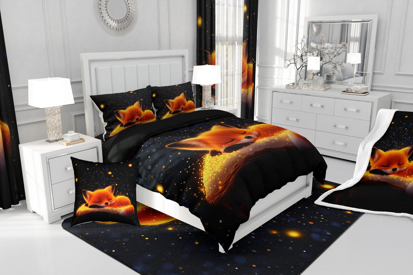 Feelyou Cute Fox Comforter Set Twin Size Kids Galaxy Fox Bedding Set for Boys Girls Teens Universe Animal Comforter Breathable Woodland Fox Duvet Set Glitter Wildlife Quilt Set