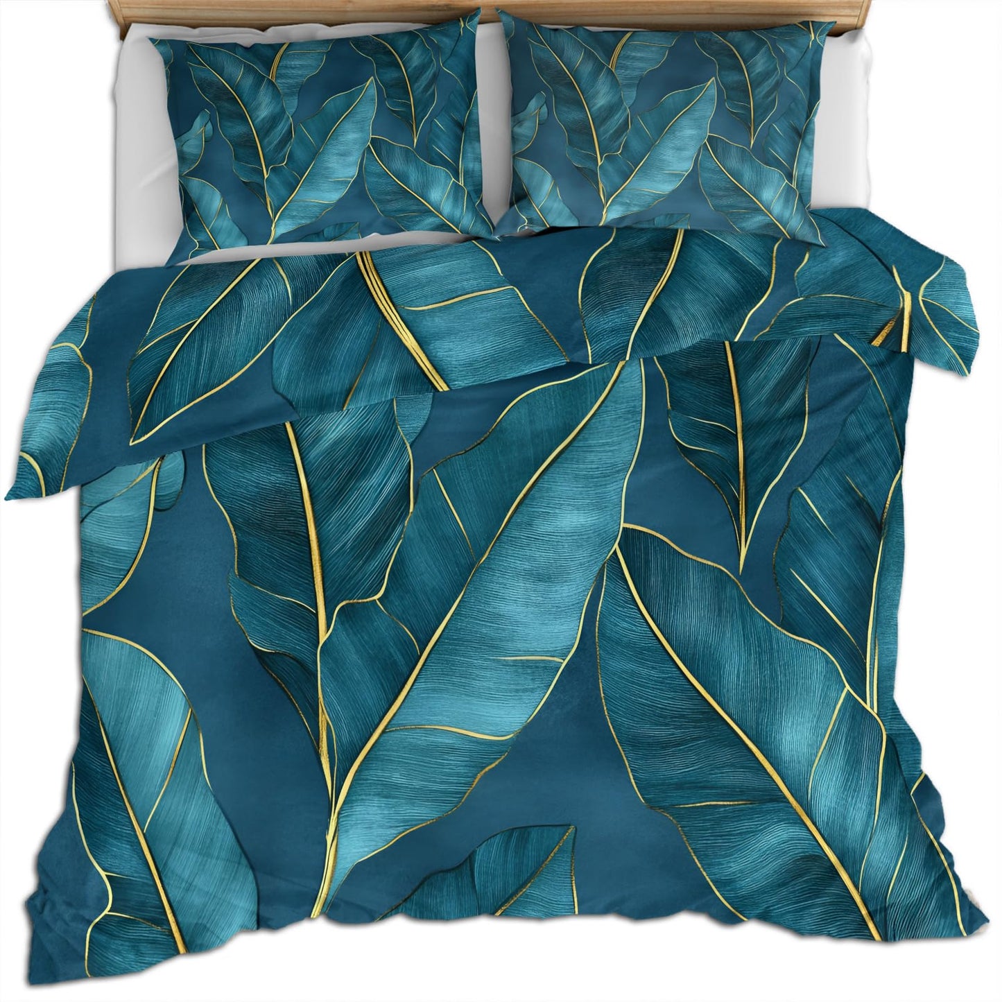 PAISUOQ Tropical Bedding, Blue Leaves Duvet Cover Full, Luxury Botanicals Comforter Cover with Zipper Ties, 3 Pieces with 2 Pillowcases, Home Decor & Gifts