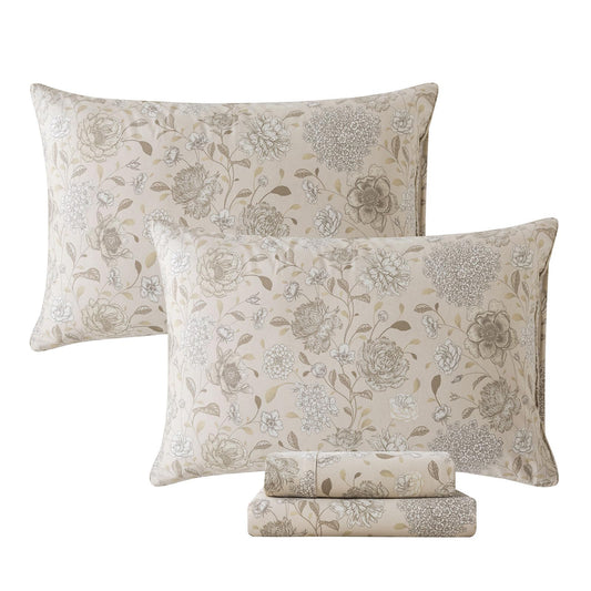 FADFAY Light Khaki Vintage Hydrangea Floral Queen Size Sheets Set 100% Brushed Cotton Shabby Peony Pattern Bedding Set Deep Pocket Sheets with 2 Pillowcases Luxury Daisy Breathable Soft 4pcs, Queen