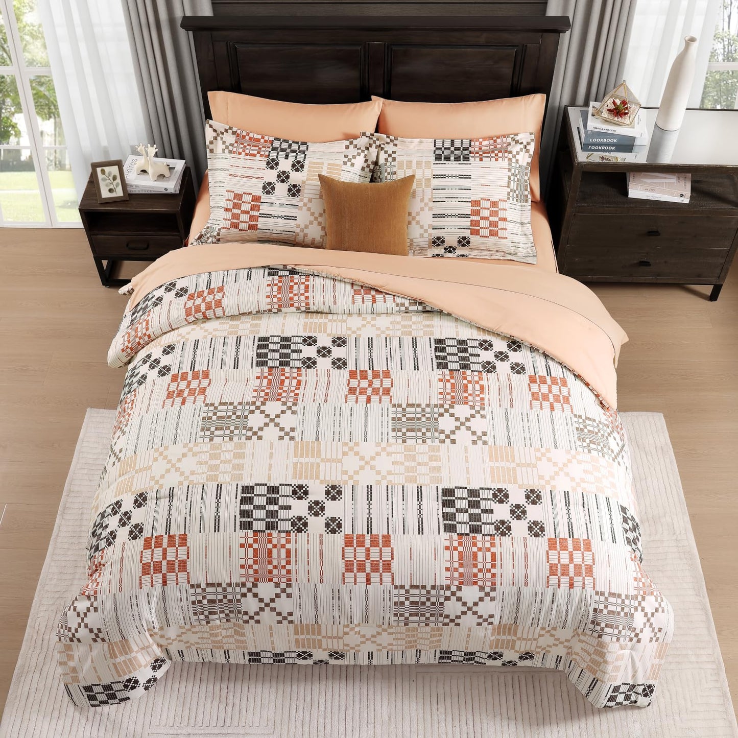 MaiRêve Queen Comforter Set, Classic Plaid Farmhouse Bedding Sets 7 Pieces, Beige All Season Bed in A Bag with Sheets, Pillowcases & Shams