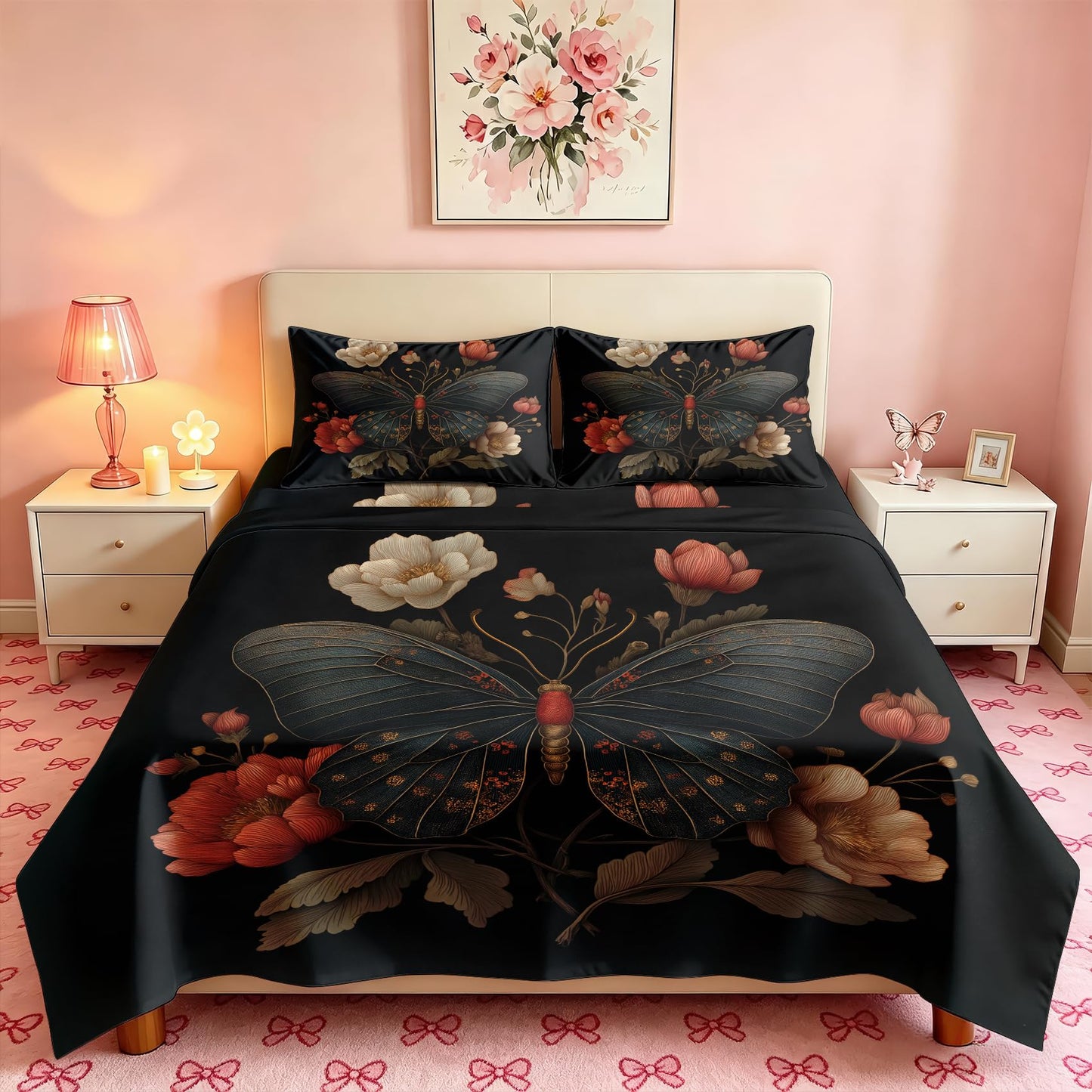 Butterfly Sheet Set, 4 Pcs King Size Moth Aesthetic Bed Sheets