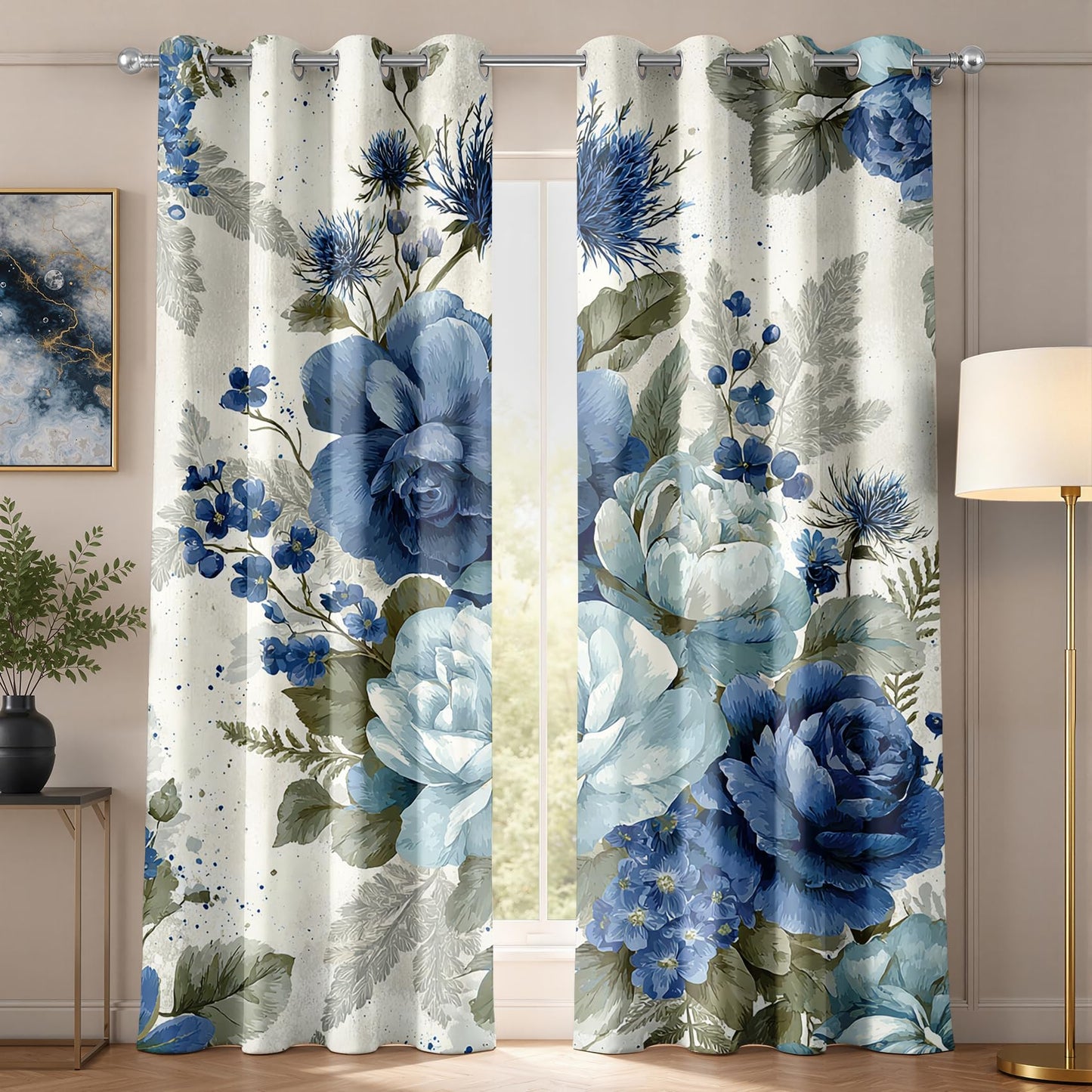 Peony Curtains 63 Inch Length 2 Panels Set, Vintage Farmhouse Blue Rose Floral Botanical Patterned Blackout Curtains for Bedroom Living Room, Thermal Insulated Room Darkening Grommet Drapes