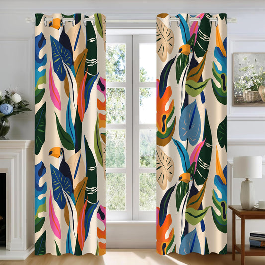 PAOPOED Colorful Tropical Abstract Blackout Window Curtains, Boho Floral Plant Jungle Palm Leaf Toucan Birds Art Decor for Bedroom, Living Room, Art Gallery Grommet Window Drapes 2 Panel Set, 52"x84"