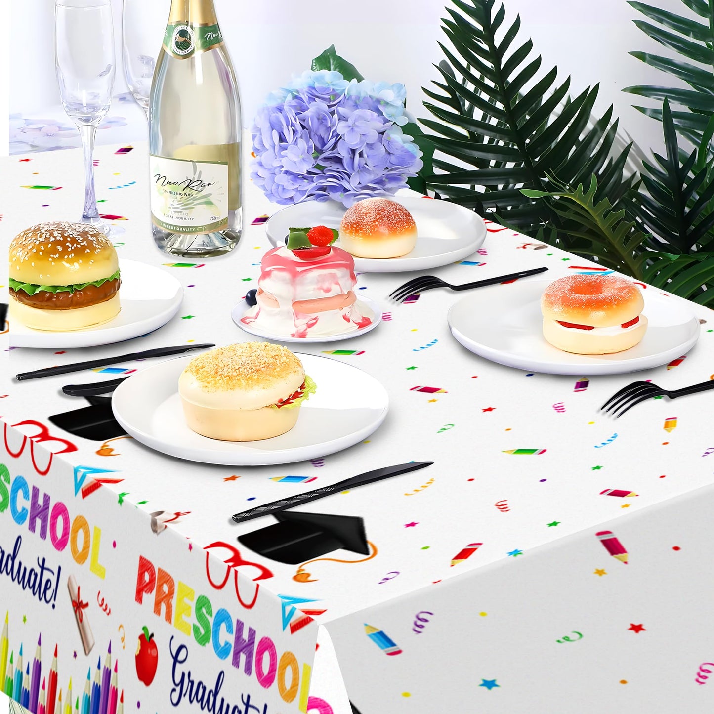 CC HOME 1Pc Preschool Graduation Party Plastic Tablecloth 54 x 87 Inch Long Table Cover, Colorful Crayon Party Tablecover for Graduate Theme Kids Baby Shower Birthday Dinner Picnic Kitchen Event