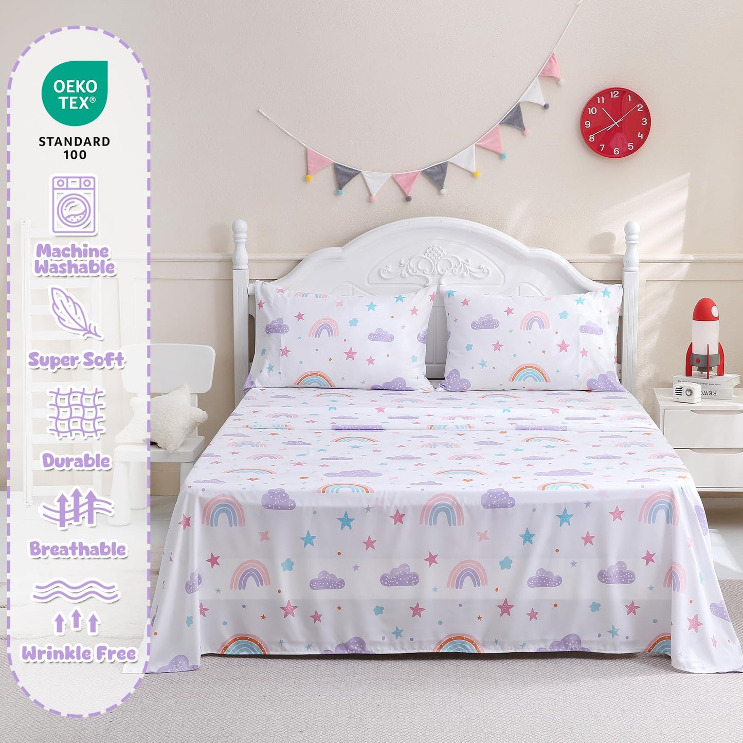 Ocharo Twin Size Rainbow Sheets Set for Girls-Kids 3 Pieces Rainbow Twin Bed Sheets - Deep Pocket Wrinkle Free,Breathable Stars Printed Bedding Sets for Toddlers,Purple Pink