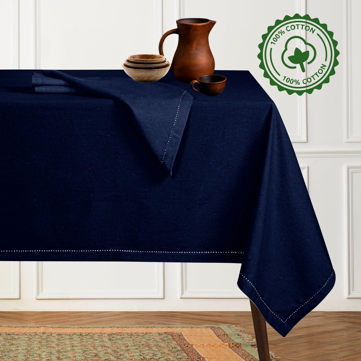 Native Fab Tablecloth 60x84 Inches - 100% Cotton, Durable, Wrinkle-Free, Machine Washable Table Cover for Dining Room, Banquets, Parties, Holiday, Events - Elegant, Easy Care, Home Décor - Navy Blue