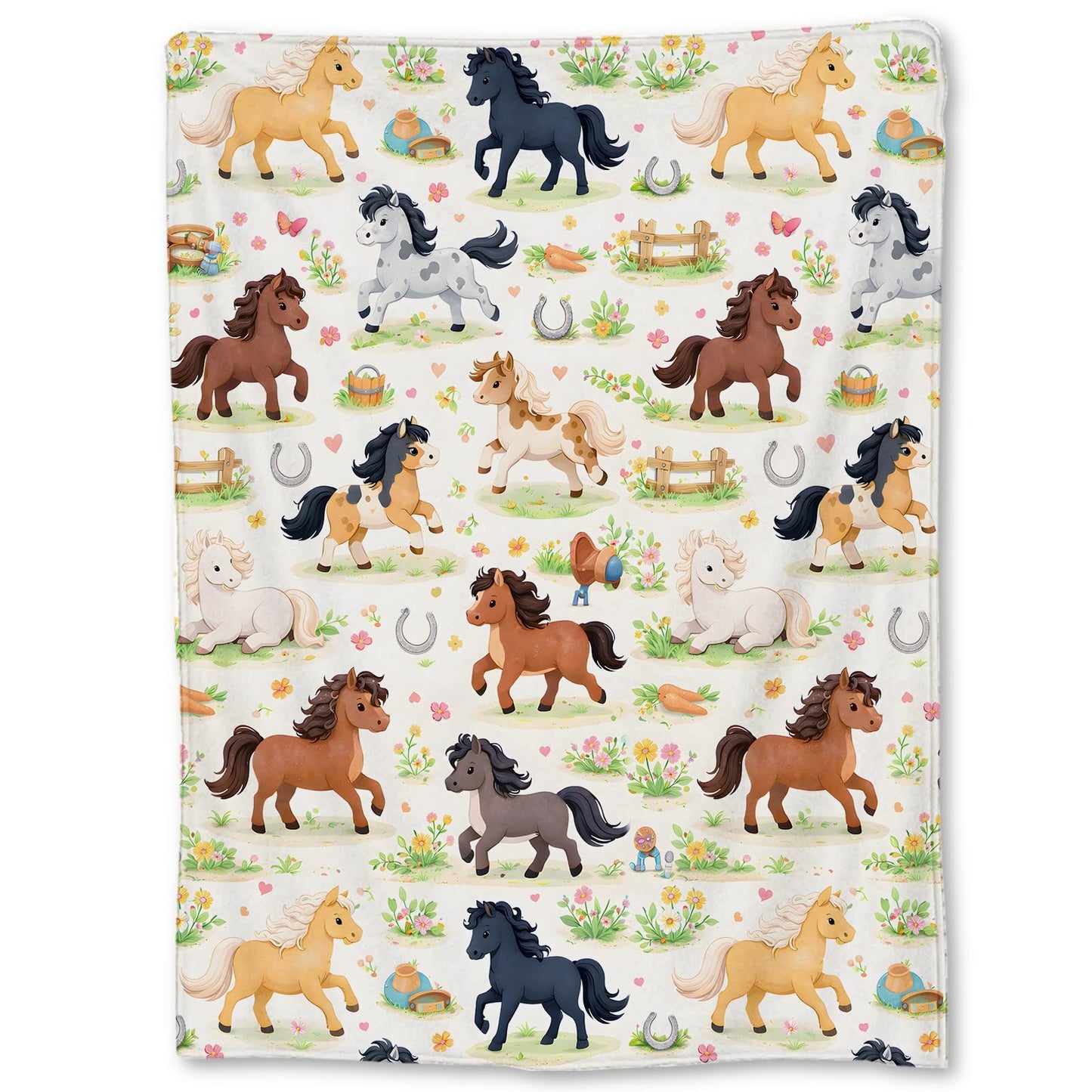 Ti Caldi Cute Horse Blanket Gifts, Flowers Horseshoes Flannel Throw Blanket for Couch, Bed, Travel & Home Decor, Cozy Lightweight Fuzzy Warm Adorable Pony Blankets for Women Girls Kids 60×50 in