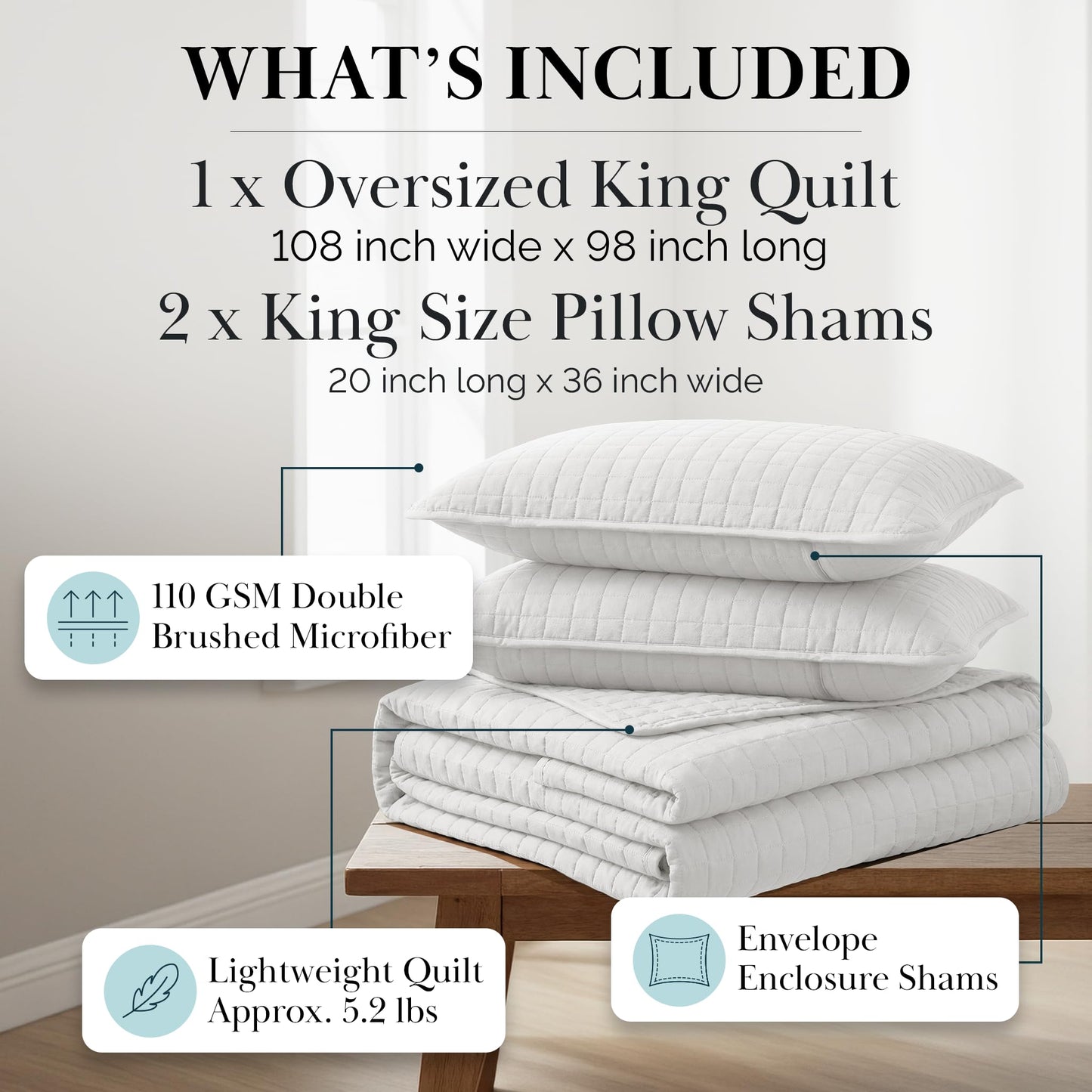 Southshore Fine Living, Inc. King Quilt Bedding Set with Shams, Coverlet Quilt King Size Bedspread, Luxury Bedding, Bed Spread for Kings/California Kings, Lightweight Quilted Coverlet, White Quilts