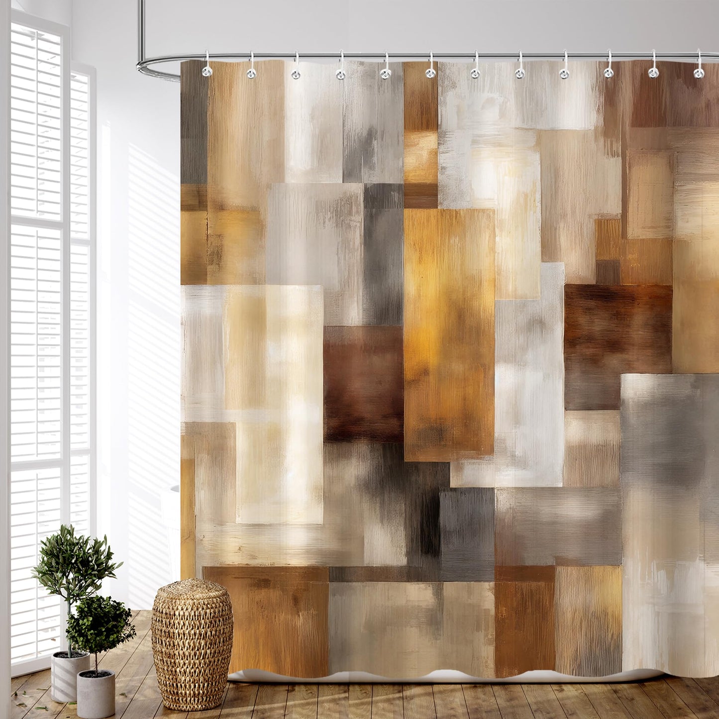 iTapnoom Abstract Brown Shower Curtain, Tan Rust Geometric Art Bathroom Decor, Modern Fabric Bath Curtain with 12 Hooks, 72 x 72 Inch