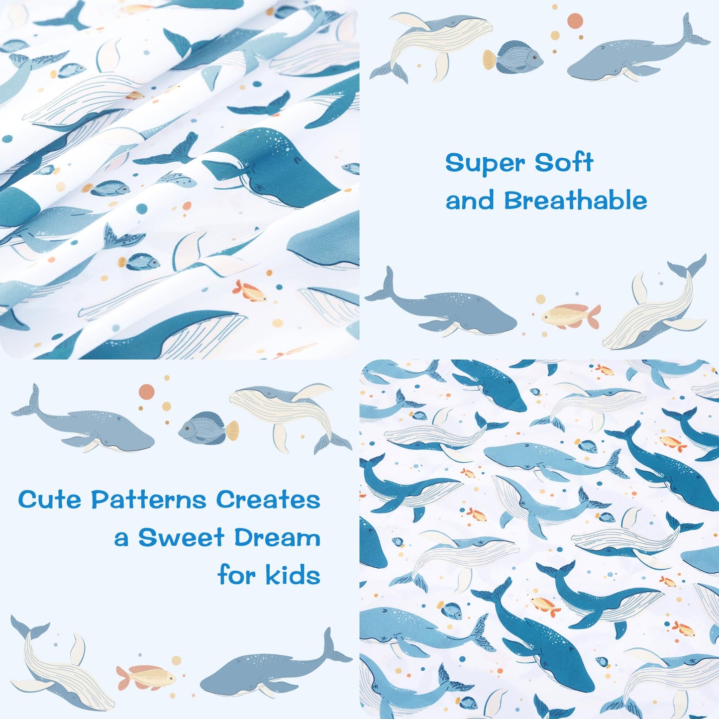lasoftan Kids Sheet Set Twin Size, Twin Sheet Set with Marine Whales Pattern，Breathable Silky Soft Microfiber Kids Fitted Sheet