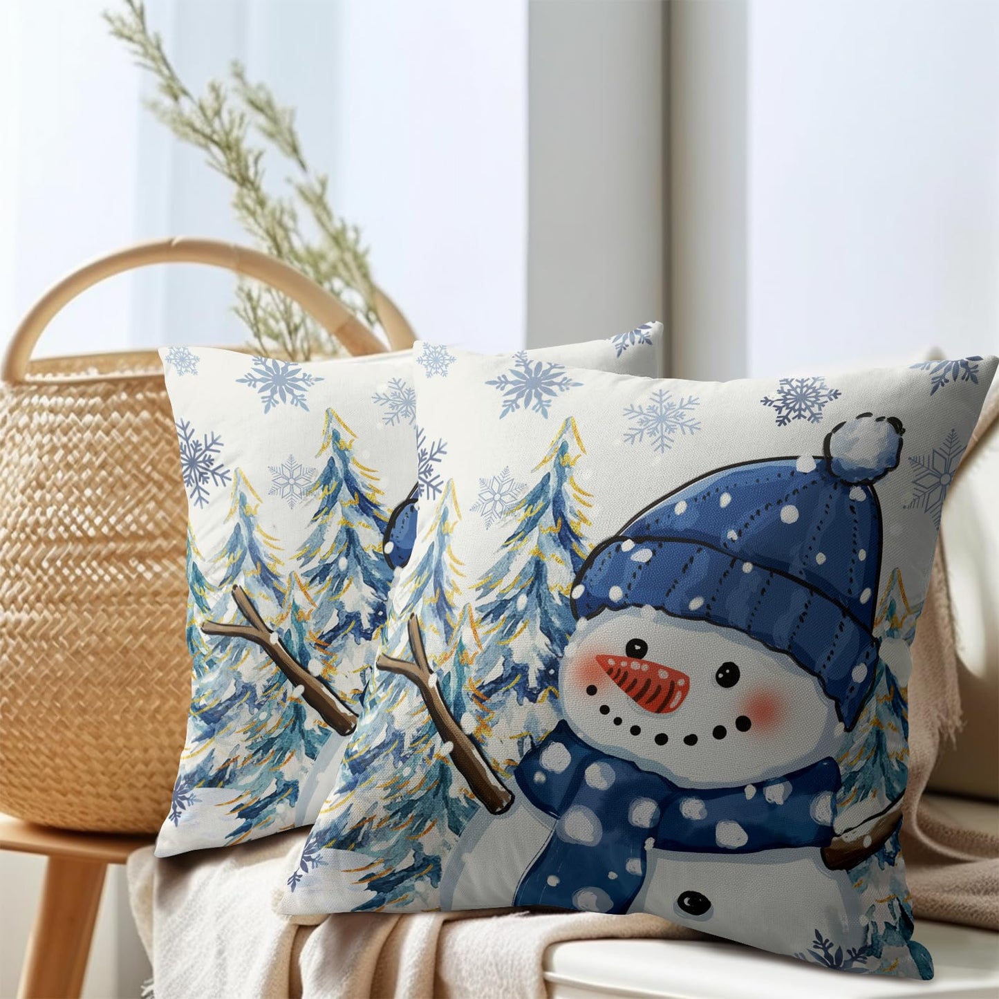 ABSOP Blue Christmas Pillow Covers 18x18 Inch Xmas Snowman Decorative Throw Pillows Set of 2 Winter Snowflake Pillow Cases for Sofa Couch Home Decor