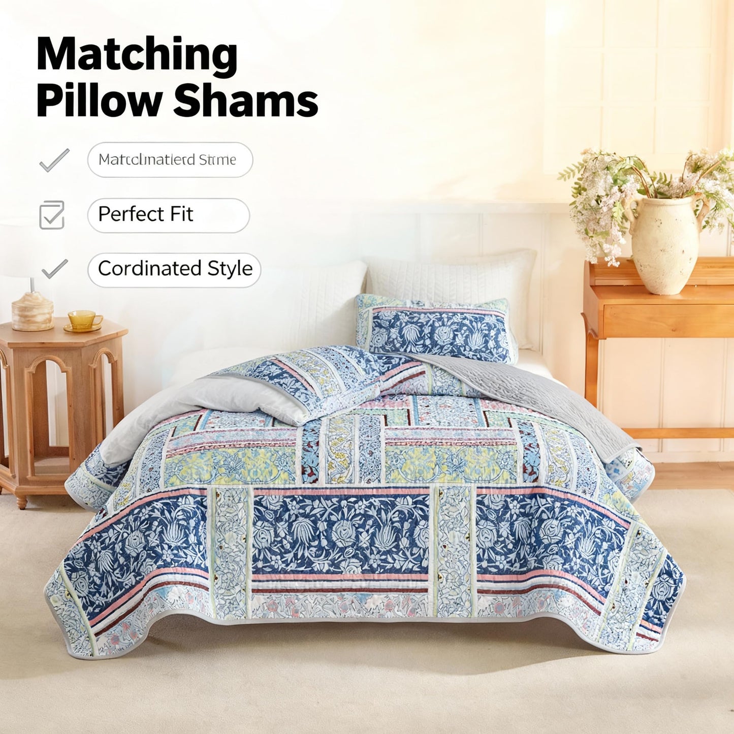 Andreannie Boho Style Quilts King Size Bedding Set Quilted Bedspread Blue Bohemian Blue Floral Soft and Lightweight Bedspread for All Season, Bedding Coverlet with 2 Matching Pillow Shams (3 Pieces)
