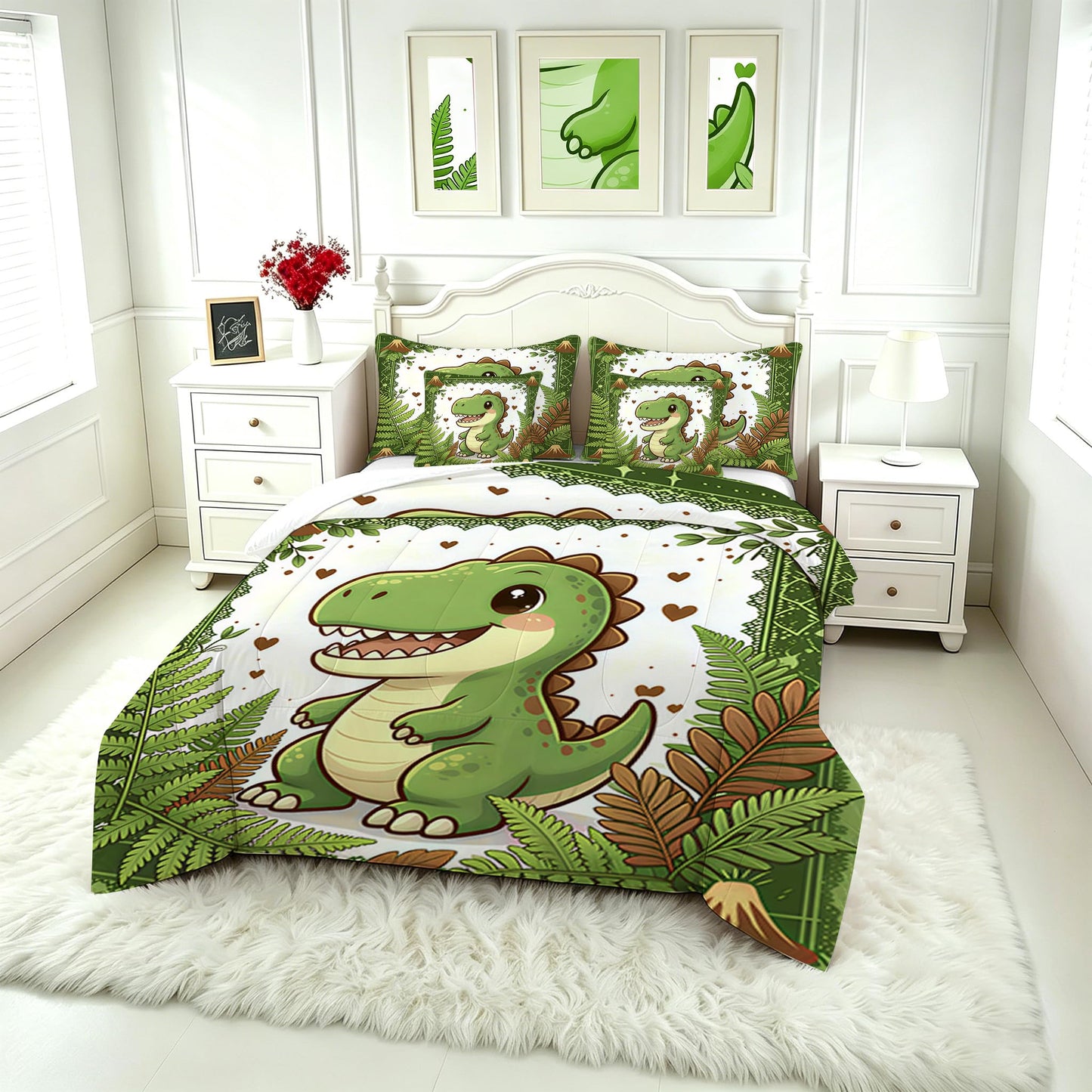 FUYEUN 7 Pcs Kids Bedding Comforter Set Queen Size, Cartoon Dinosaur & Volcano Print, Ultra Soft Microfiber Bed in a Bag with Flat Sheet & Pillowcases,Children Bedroom Decor