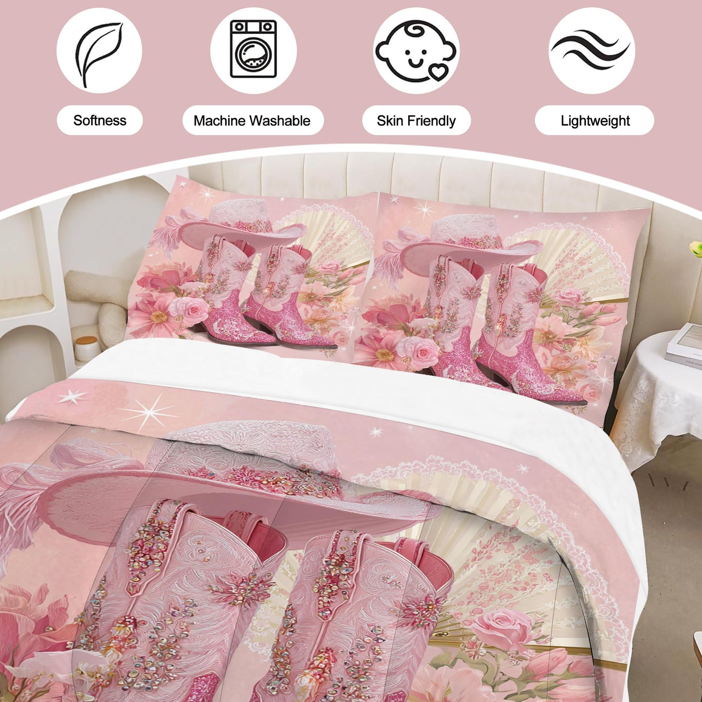 VTKON Pink Cowgirl Bedding Set Twin Size Western Cowgirl Comforter Set Girly Luxury Floral Lace Fan Print Bed Set Light Pink Flower Sweet Western Style Quilt Set with 1 Comforter + 1 Pillowcase