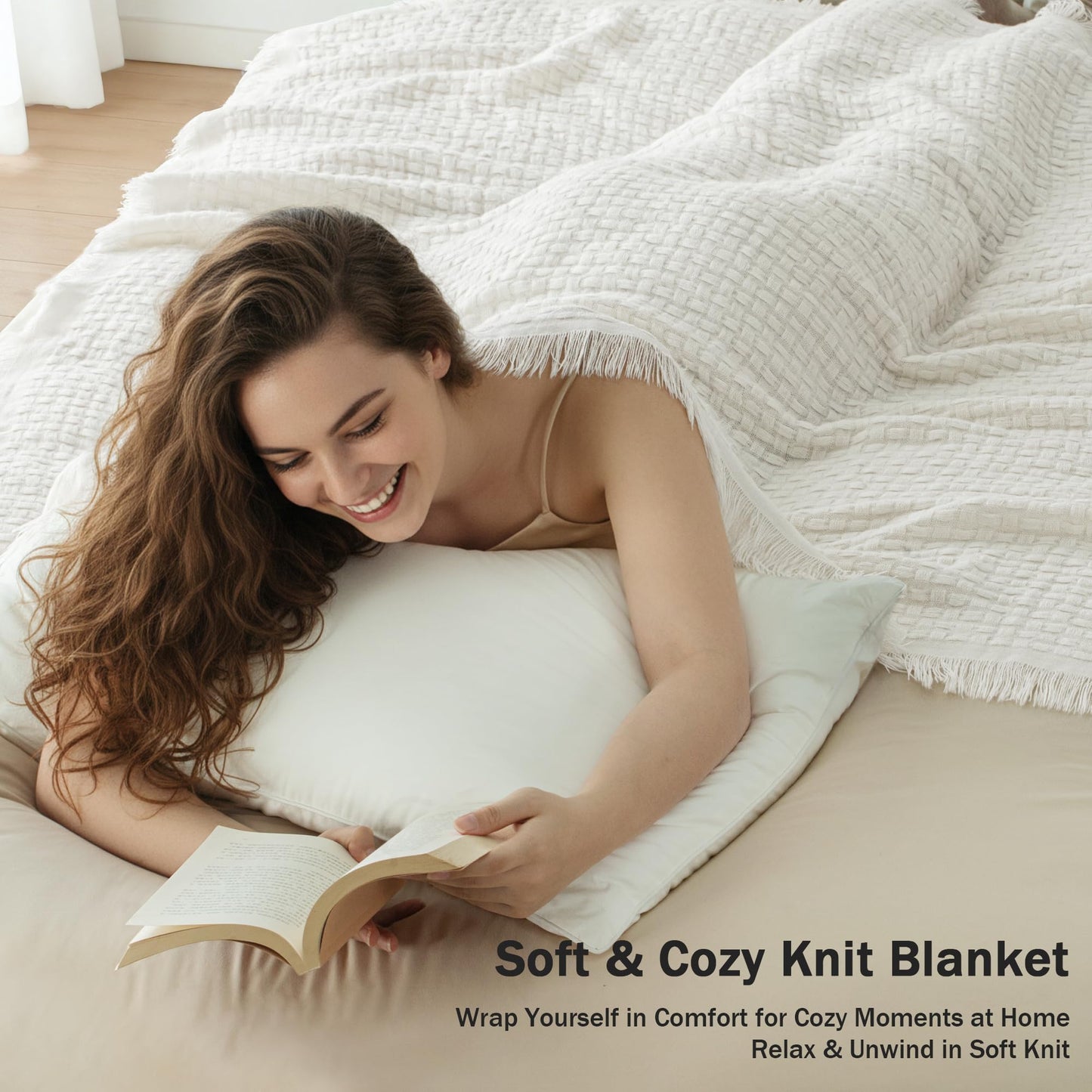 Exclusivo Mezcla Knit Throw Blanket with Fringes for Couch, Reversible Super Soft and Warm Woven Throw for Summer, Home Decor, 50"x60", Ivory