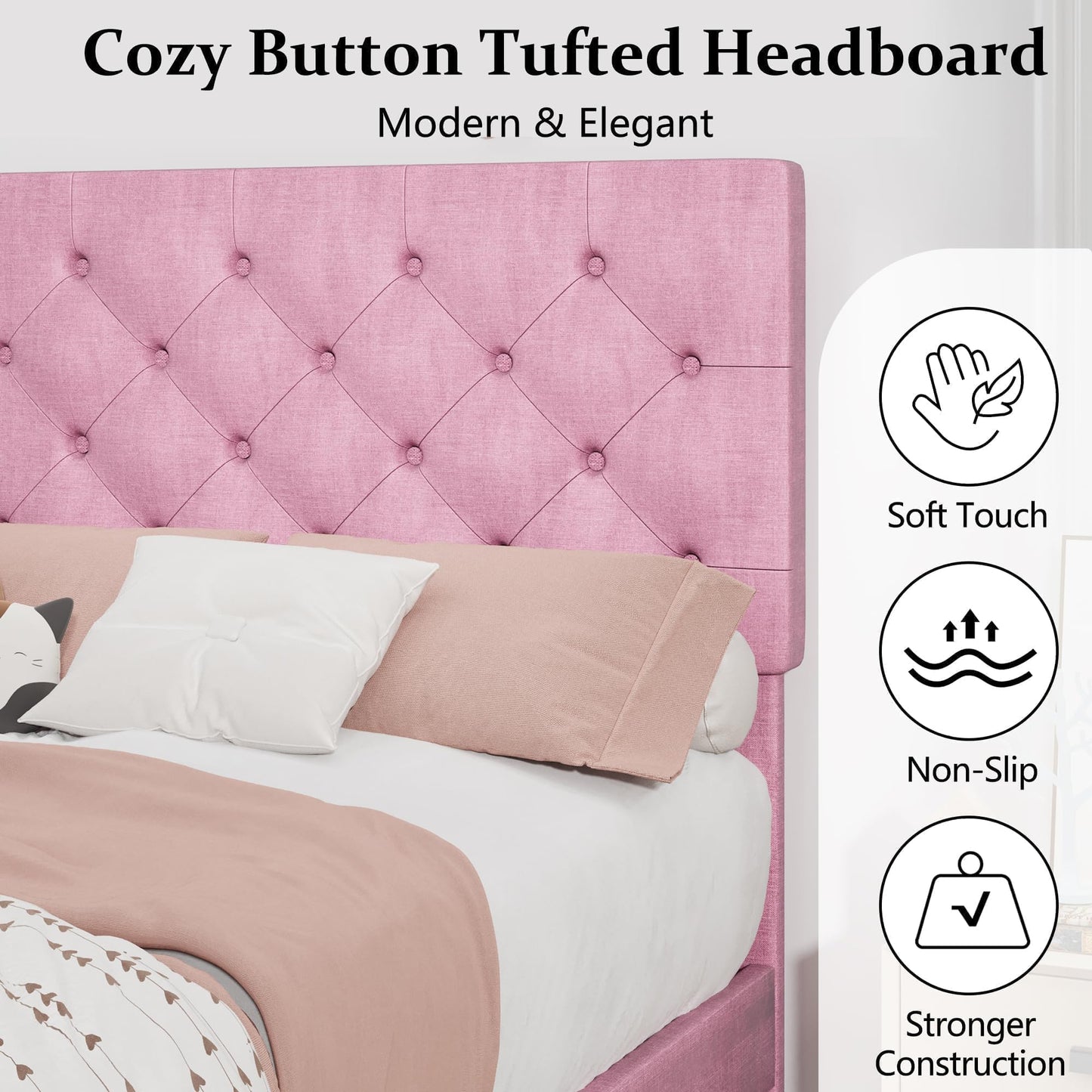 Lullabyre Twin Bed Frames for Kids, Upholstered Platform Bed Frame, Pink Bed Frame with Tufted Headboard, No Box Spring Needed, Easy Assemble, Pink