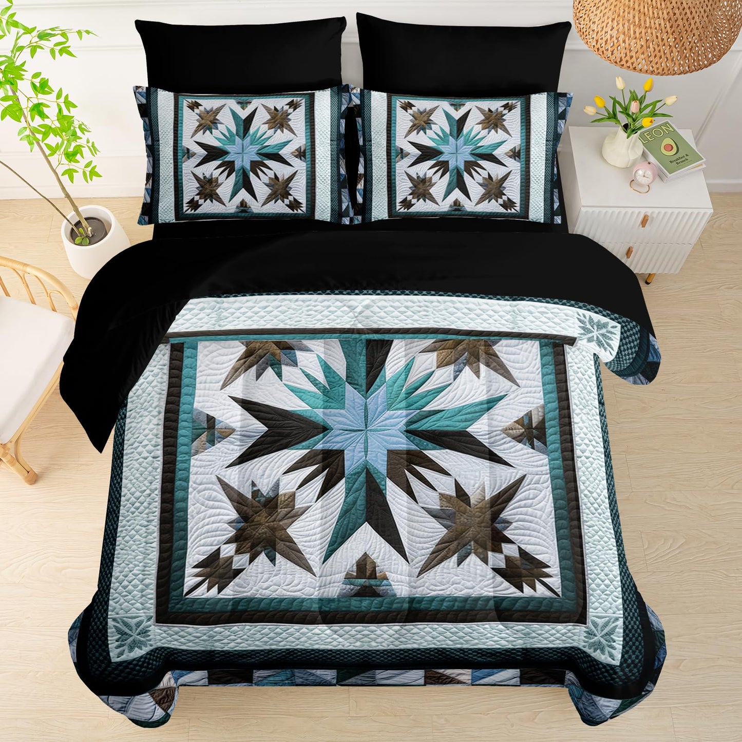 QOOMO Boho 7 Pieces Comforter Set Twin Size,Bohemia Bedding Set for Kids Teens Girls-Include 1 Comforter,1 Fitted Sheet,1 Flat Sheet,2 Printing Pillowcases and 2 Black Pillowcases