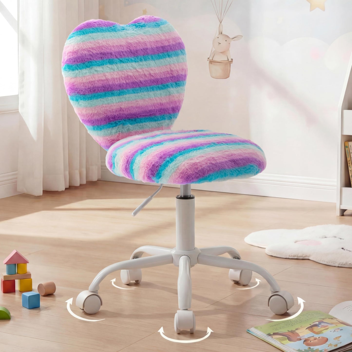 DM Furniture Small Desk Chair Swivel Kids Office Chair Fuzzy Student Computer Task Chair Faux Fur Vanity Chair Cute Heart Chair for Girls Boys Bedroom, Rainbow