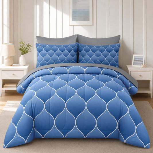 Boewywh Comforter Set Twin Size Geometric Blue Abstract 7 Pcs, Bedding for Kids and Adults, Modern Minimalist Bed Sheet Sets with Fitted Sheet 2 Pillowcases & 2 Shams for Bedroom Bed Decor