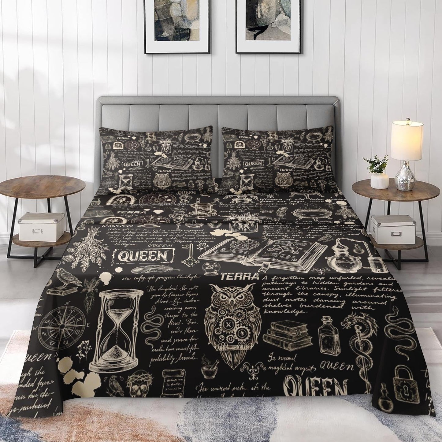 Pamnest Full Size Bed Sheet Sets, Gothic Chemistry Science Soft Microfiber 4 Pcs Bedding Sets for Adults Bedroom Bed Decor, Goth Dark Academia Bedding Flat, Fitted Sheet and 2 Pillowcases