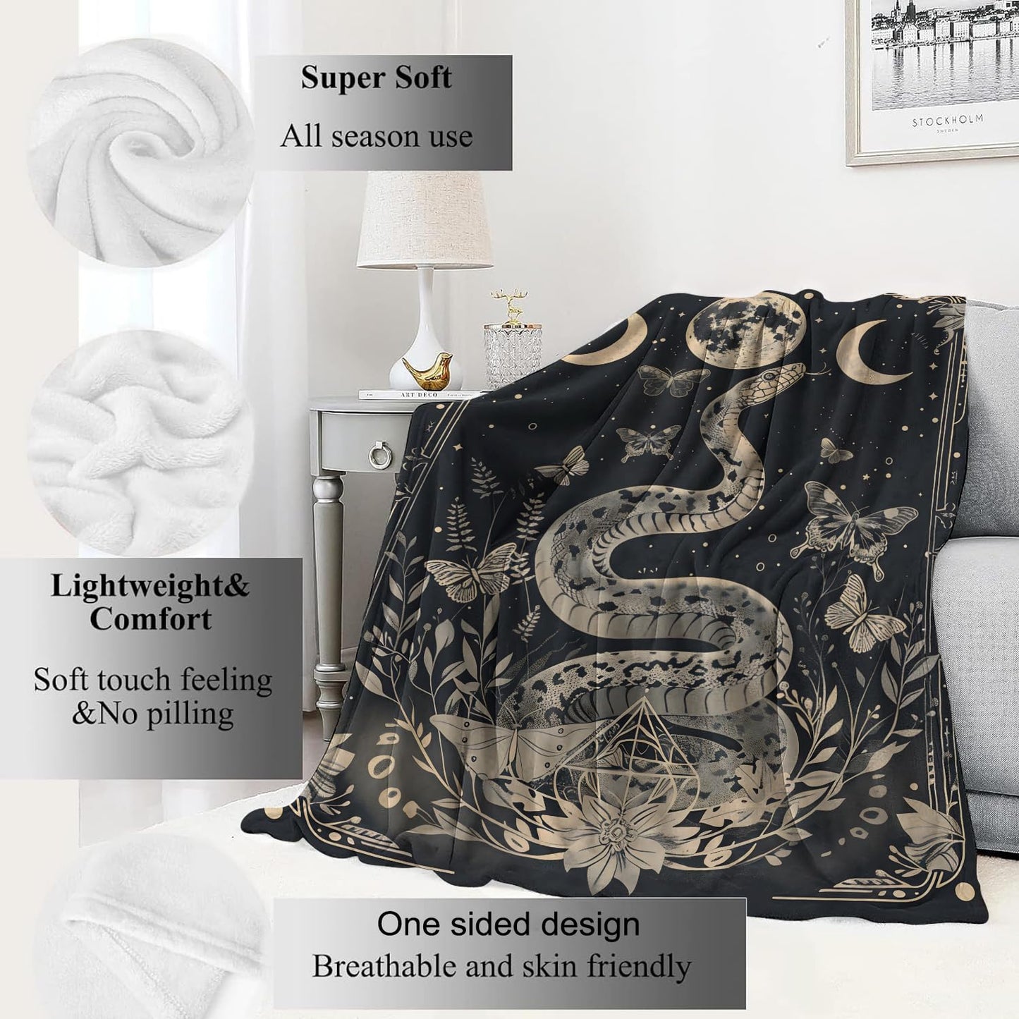 VODRM Mystic Snake Blanket Celestial Moon Throw Blankets,Birthday Gifts for Kids Adult,Lightweight Soft Fleece,with Astrology Butterfly,Sofa Couch Bed Room Horror Spiritual Decor 50x60in