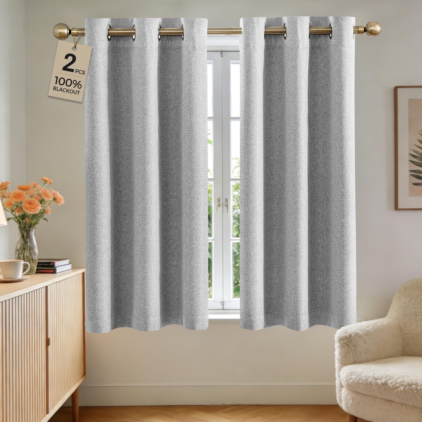 Sinotalent 100% Blackout Curtains for Bedroom Living Room 63 Inches Long 2 Panels, Linen Textured Grommet Room Darkening Curtain, Thermal Insulation Light Blocking Drapes. (Grey, 35”W x 63”L)