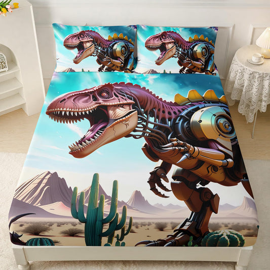 AILONEN 3D Dinosaur Fitted Sheet Set Twin XL Size,Roaring Dinosaur Bed Sheet Set for Boys Kids,3 Pieces Desert Metal Dinosaur Printed Fitted Sheet with 2 Pillowcases