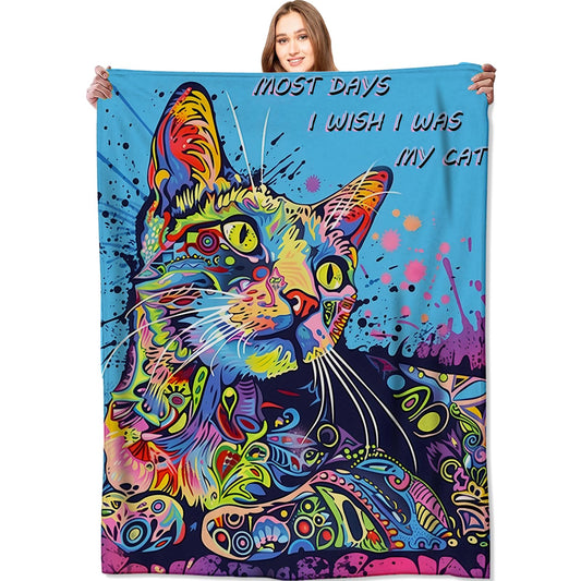 VODRM Colorful Cat Blanket Cute Kitten Throw Blankets,Birthday Gifts for Kids Adult & Pet Lovers,Lightweight Soft Fleece with 'Most Days I Wish I was My Cat',for Sofa Couch Bed Room Decor 50x60in